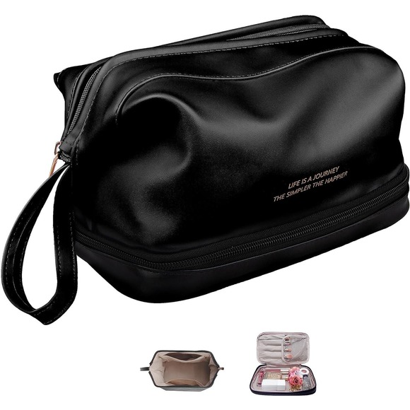 Ebbniur Handbags - Makeup Bag, Large Capacity Travel Cosmetic Bag, PU Leather Zipper Pouch Travel